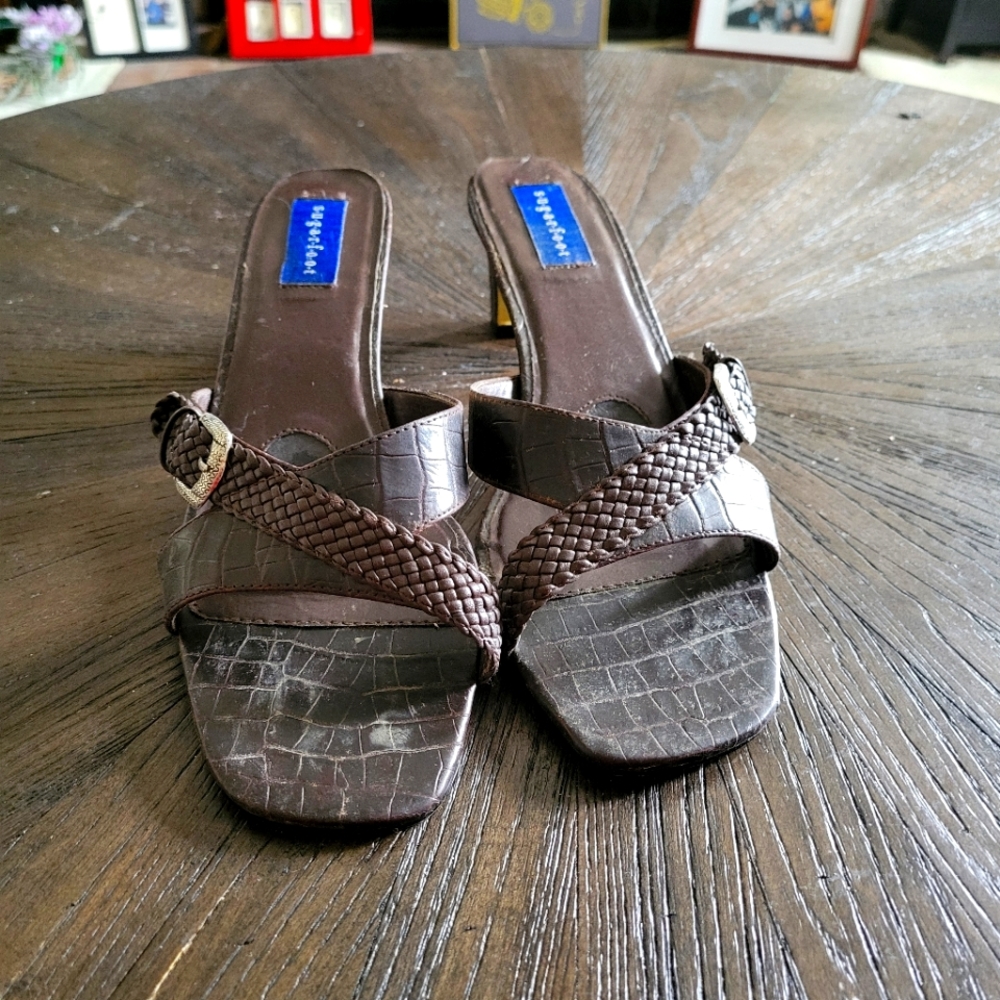 Sugarfoot Brown Leather Slip On Heel with Silver Buckle